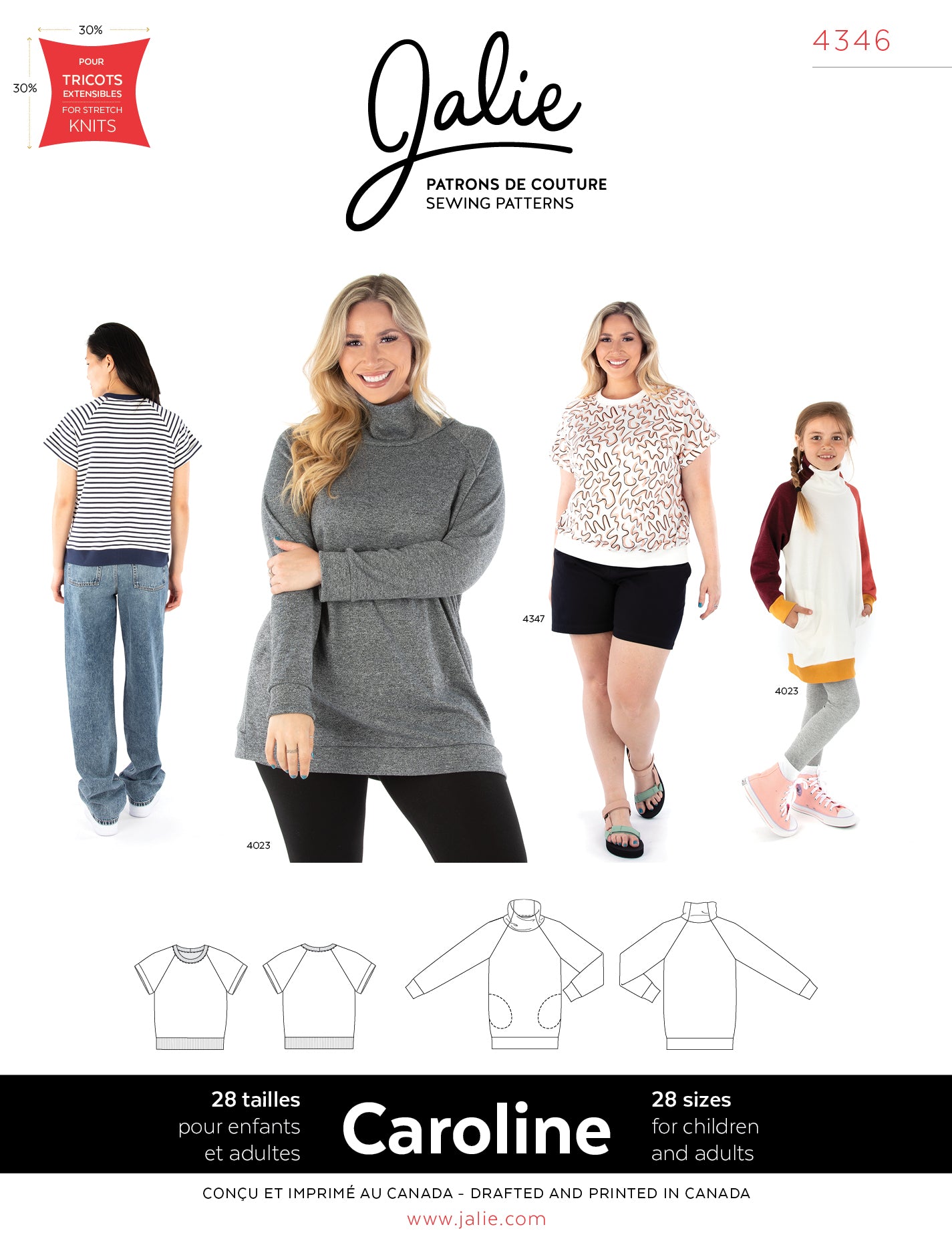 T-shirt et tunique à manche raglan - CAROLINE -  4346 | Patron papier - Jalie